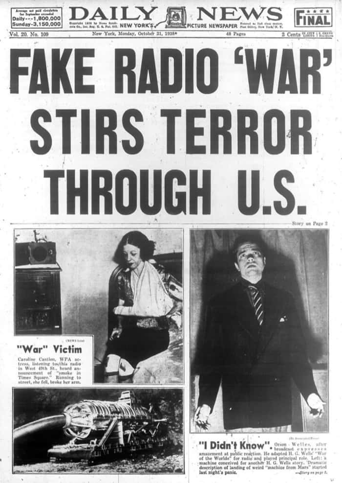 Orson Welles narrates H.G. Well's "The War Of The Worlds" on the radio and causes a mass panic