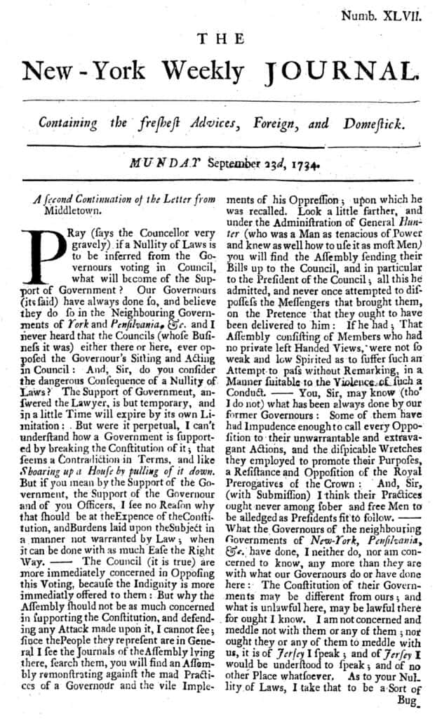 First Publication of The New York Weekly Journal
